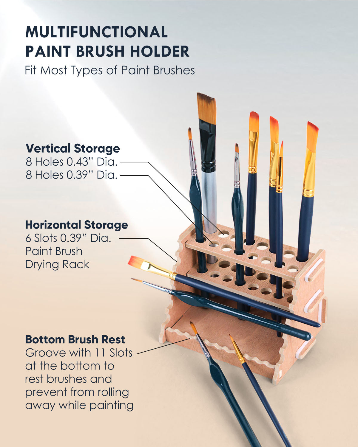 Wooden Paint Brush Holder for 44 Brushes - Desk Stand Paintbrush Organizer, Holding Rack for Pens, Paint Brushes, Colored Pencils, Markers