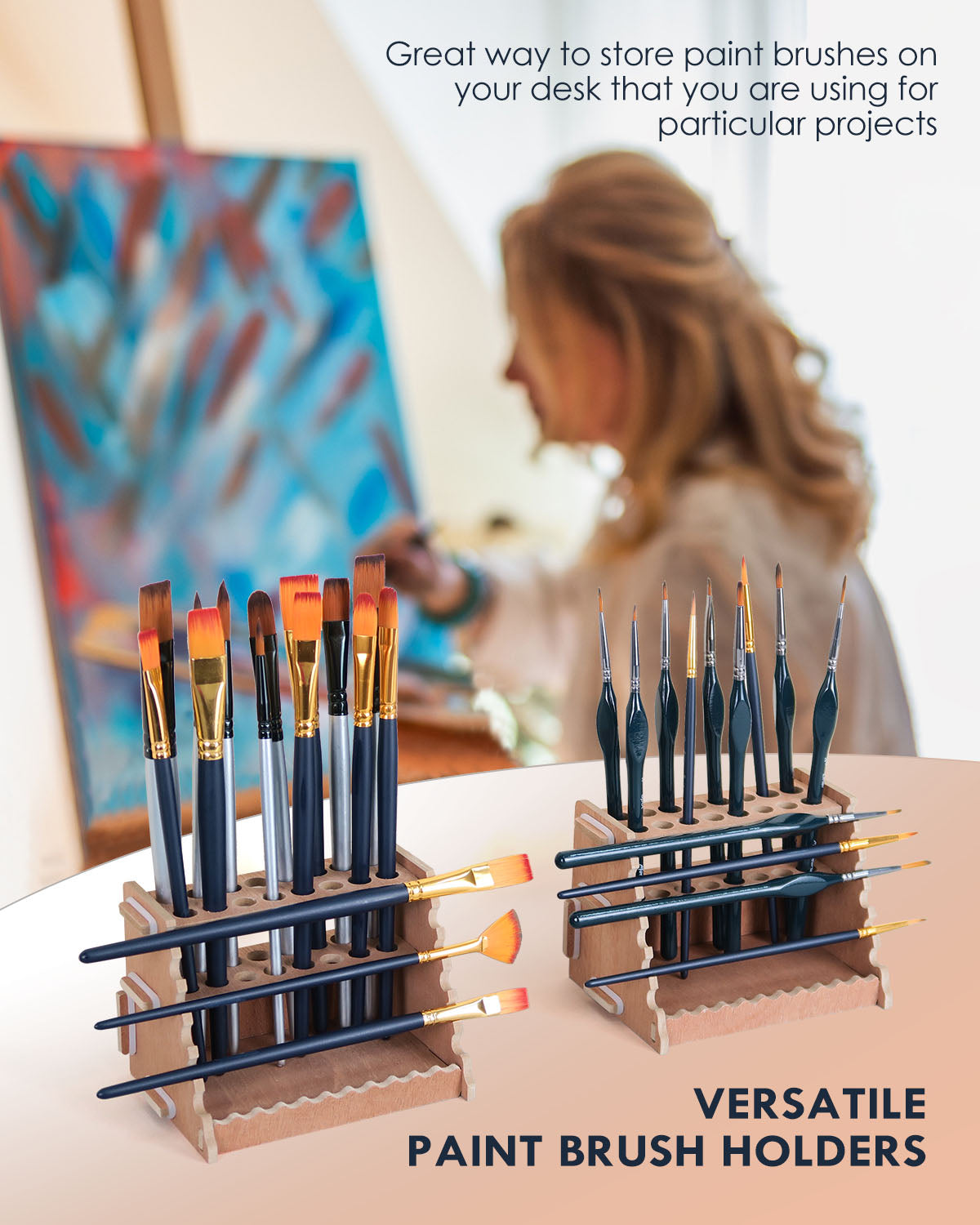 Wooden Paint Brush Holder for 44 Brushes - Desk Stand Paintbrush Organizer, Holding Rack for Pens, Paint Brushes, Colored Pencils, Markers