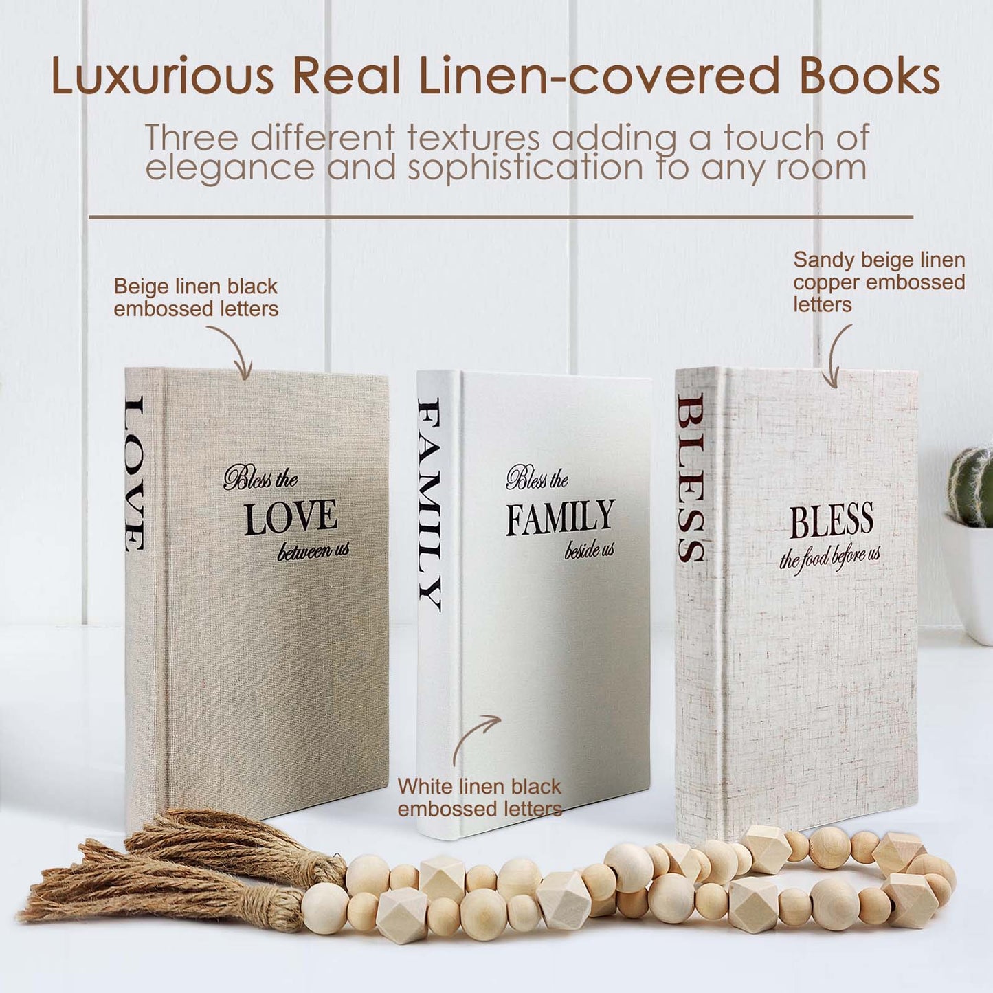 Linen Covered Decor Books 3 Pieces, Decorative Books for Home Decor, Coffee Table Books Decor, Stacked Book Decor - Shelf, Entryway, Console Table, Fireplace Mantel Decor (Bless/Family/Love)