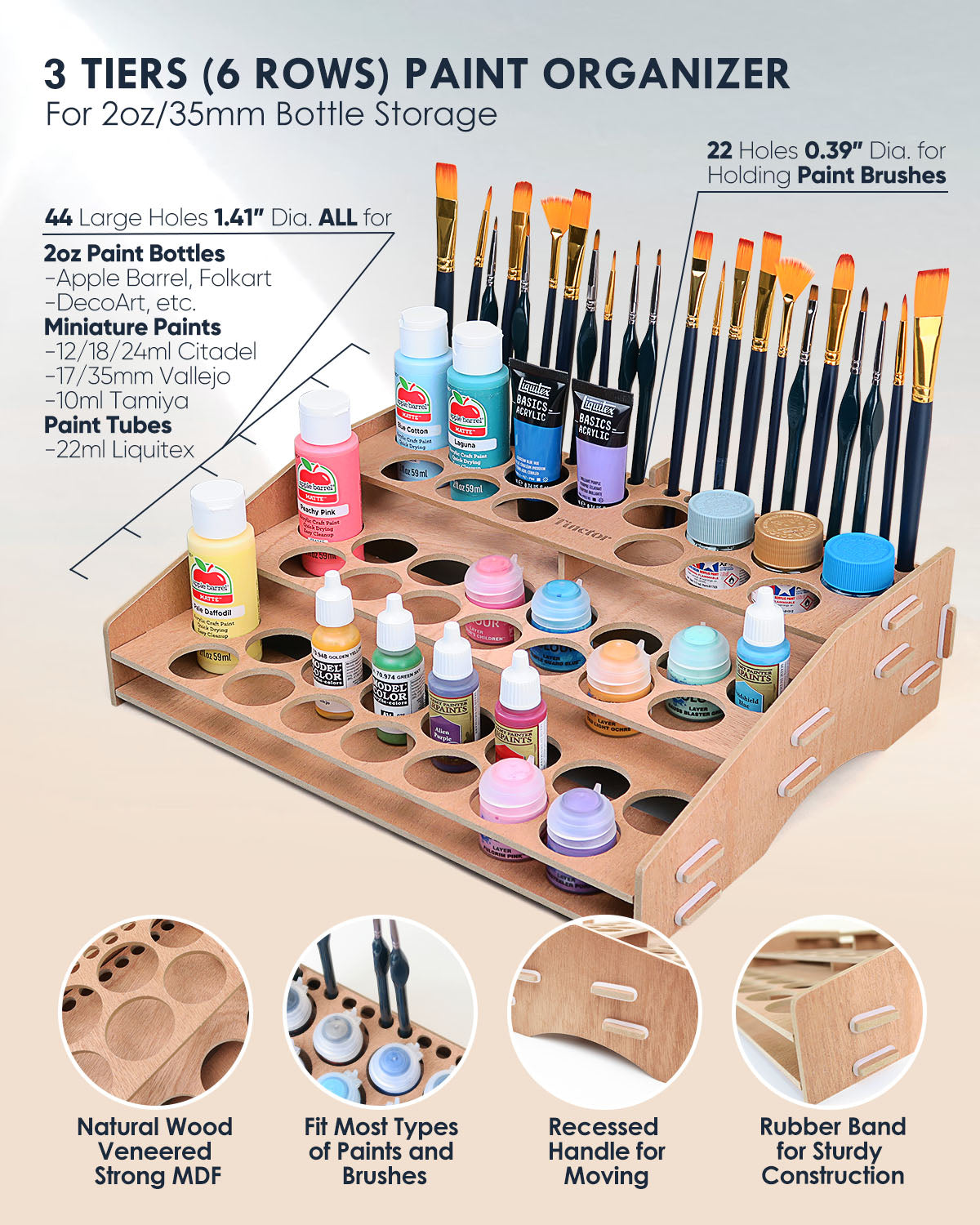 Wooden Paint Organizer & Paint Brush Holder, for 44 Bottles & 22 Brushes - Paint Holder for Acrylic Painting, Paint Rack for Miniature Paint Set, Acrylic Paint Storage, Craft Paint Organizer