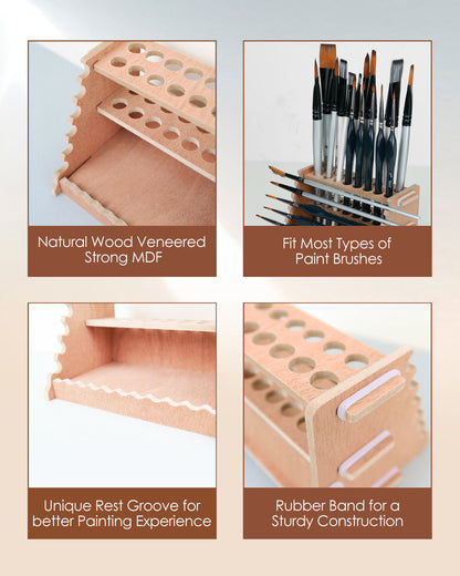 Wooden Paint Brush Holder for 44 Brushes - Desk Stand Paintbrush Organizer, Holding Rack for Pens, Paint Brushes, Colored Pencils, Markers
